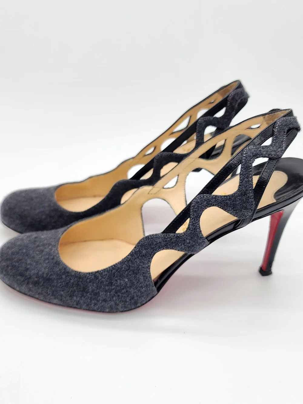 Vintage Christian Louboutin Dark Grey Flannel Cutout Slingback Heels Size EU 40